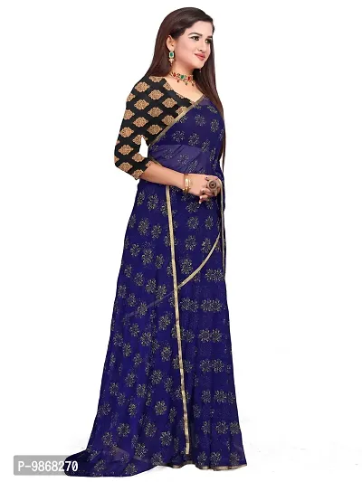 Aardiva Women's Chiffon Saree With Unstitched Blouse Piece (Dark Blue)-thumb3