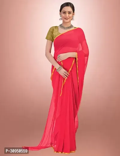 Women Stylish Daily Wear Chiffon Red Solid Saree with Blouse piece-thumb0