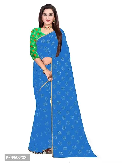 Aardiva Women Pure Chiffon Saree With Unstitch Blouse Piece (Light Blue)