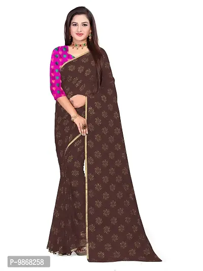 Aardiva Women Pure Chiffon Stylish Saree With Unstitched Blouse Piece (Brown)