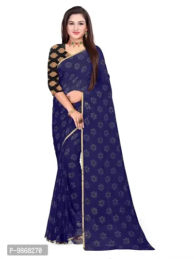 Aardiva Women's Chiffon Saree With Unstitched Blouse Piece (Dark Blue)-thumb0