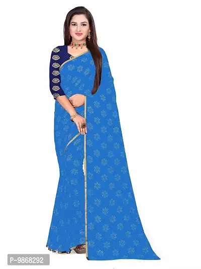 Aardiva Women's Chiffon Saree With Unstitched Blouse Piece (Light Blue)