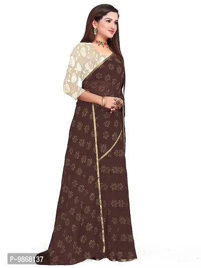 Aardiva Women's Chiffon Saree With Unstitched Blouse Piece (Brown)-thumb2