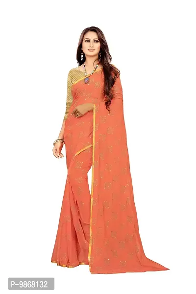 Aardiva Women Foil Print Work Chiffon Saree With Blouse Piece (Peach)