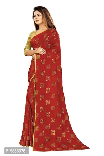 Aardiva Women Foil Print Work Chiffon Saree With Blouse Piece (Red)-thumb2