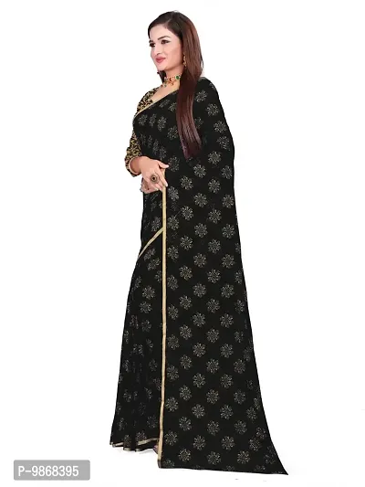 Aardiva Women's Chiffon Saree With Unstitched Blouse Piece (Black)-thumb2