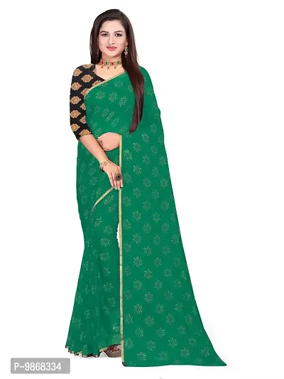 Aardiva Women's Chiffon Saree With Unstitched Blouse Piece (Dark Green)