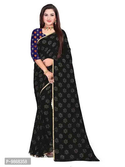 Aardiva Women Pure Chiffon Trendy Saree With Unstitched Blouse Piece (Black)-thumb0