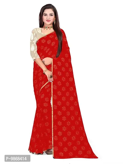 Aardiva Women's Chiffon Saree With Unstitched Blouse Piece (Red)-thumb0