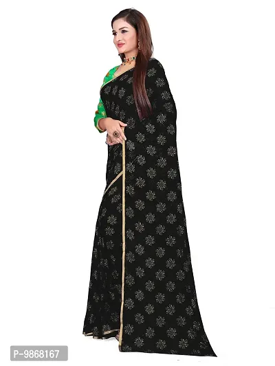 Aardiva Women Pure Chiffon Saree With Unstitch Blouse Piece (Black)-thumb3