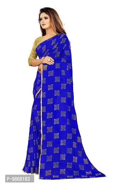 Aardiva Women Foil Print Work Chiffon Saree With Blouse Piece (Blue)-thumb2