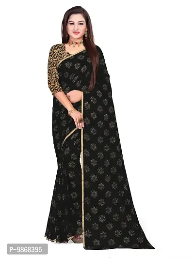 Aardiva Women's Chiffon Saree With Unstitched Blouse Piece (Black)