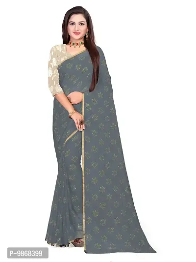 Aardiva Women's Chiffon Saree With Unstitched Blouse Piece (Grey)-thumb0