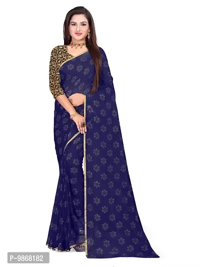 Aardiva Women's Chiffon Saree With Unstitched Blouse Piece (Dark Blue)