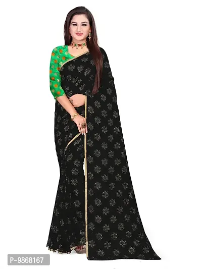 Aardiva Women Pure Chiffon Saree With Unstitch Blouse Piece (Black)-thumb0