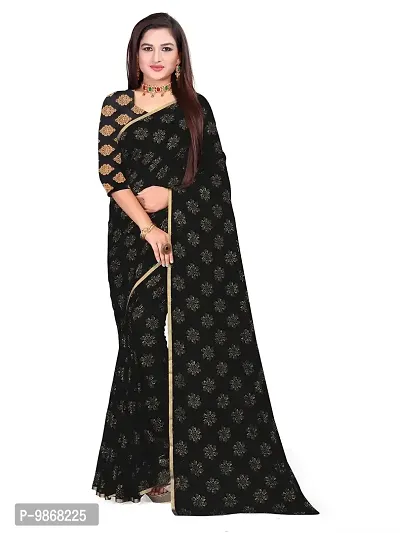 Aardiva Women's Chiffon Saree With Unstitched Blouse Piece (Black)-thumb0