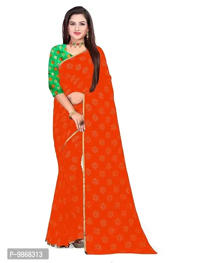 Aardiva Women Pure Chiffon Saree With Unstitch Blouse Piece (Orange)-thumb0