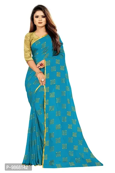 Aardiva Women Foil Print Work Chiffon Saree With Blouse Piece (Light Blue)