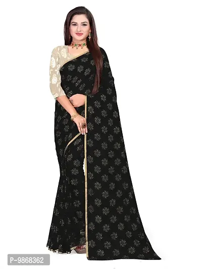 Aardiva Women's Chiffon Saree With Unstitched Blouse Piece (Black)