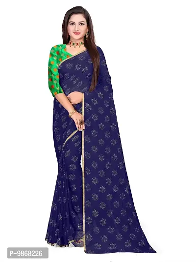 Aardiva Women Pure Chiffon Saree With Unstitch Blouse Piece (Dark Blue)