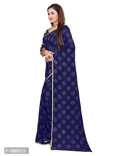 Aardiva Women's Chiffon Saree With Unstitched Blouse Piece (Dark Blue)-thumb2