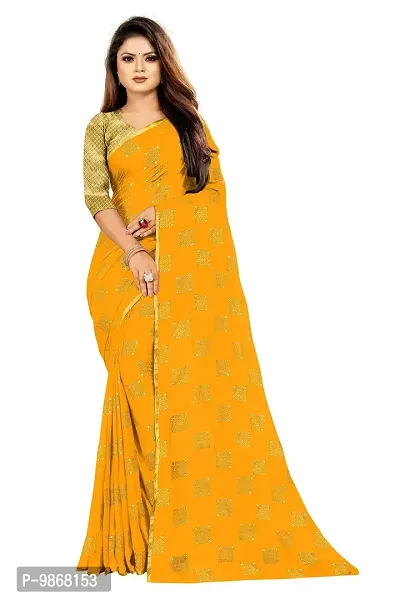 Aardiva Women Foil Print Work Chiffon Saree With Blouse Piece (Yellow)