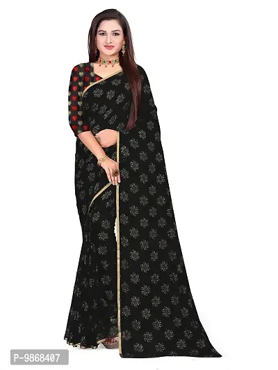 Aardiva Women Chiffon Saree With Unstitched Blouse Piece (Black)