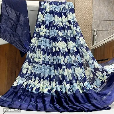 Stylish Chiffon Navy Blue Printed Saree with Blouse piece-thumb0