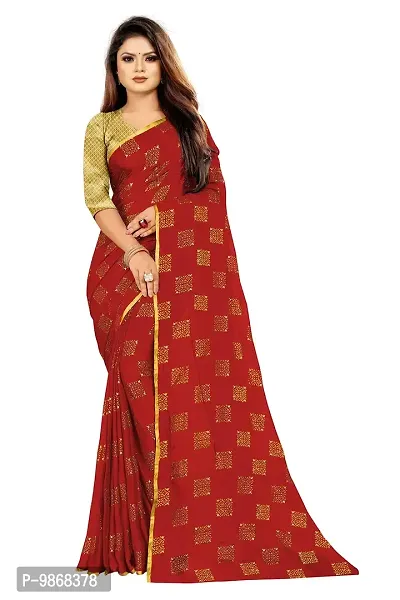 Aardiva Women Foil Print Work Chiffon Saree With Blouse Piece (Red)-thumb0