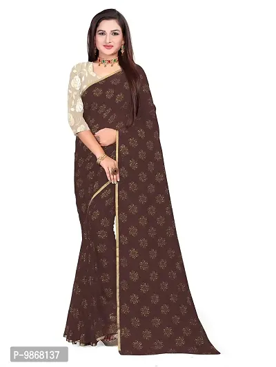 Aardiva Women's Chiffon Saree With Unstitched Blouse Piece (Brown)