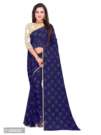 Aardiva Women's Chiffon Saree With Unstitched Blouse Piece (Dark Blue)