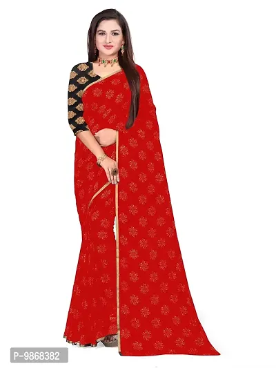 Aardiva Women's Chiffon Saree With Unstitched Blouse Piece (Red)-thumb0