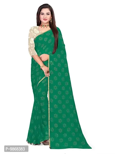 Aardiva Women's Chiffon Saree With Unstitched Blouse Piece (Dark Green)