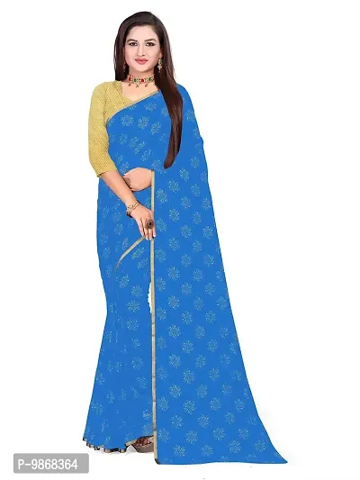 Aardiva Women's Chiffon Saree With Unstitched Blouse Piece (Light Blue)