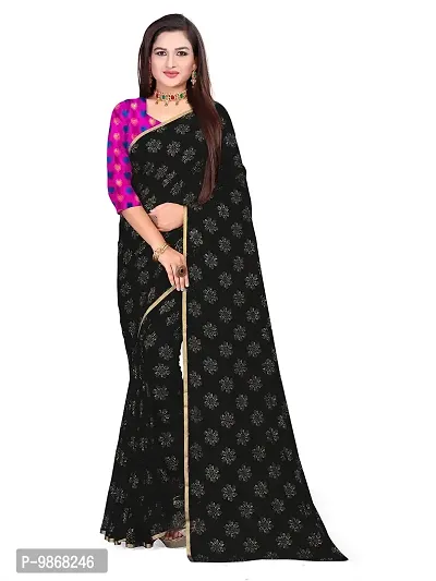 Aardiva Women Pure Elegent Chiffon Saree With Unstitched Blouse Piece (Black)-thumb0