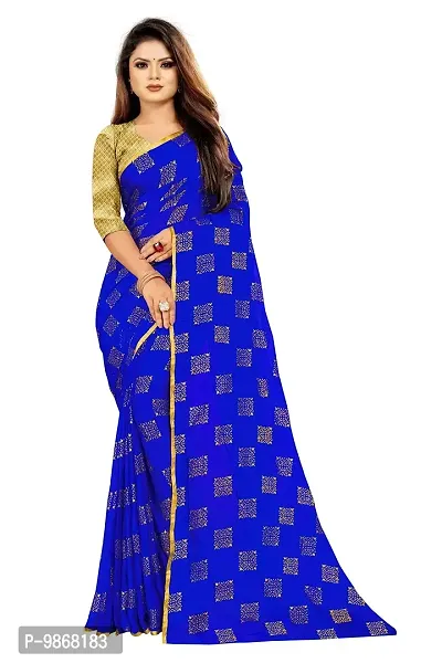 Aardiva Women Foil Print Work Chiffon Saree With Blouse Piece (Blue)