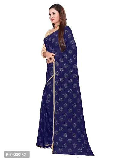 Aardiva Women's Chiffon Saree With Unstitched Blouse Piece (Dark Blue)-thumb2