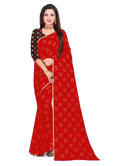 Chiffon Foil Print Zari Border Sarees With Blouse Piece