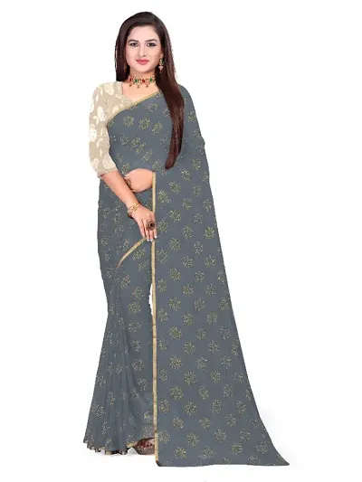 Chiffon Foil Print Zari Border Sarees With Blouse Piece