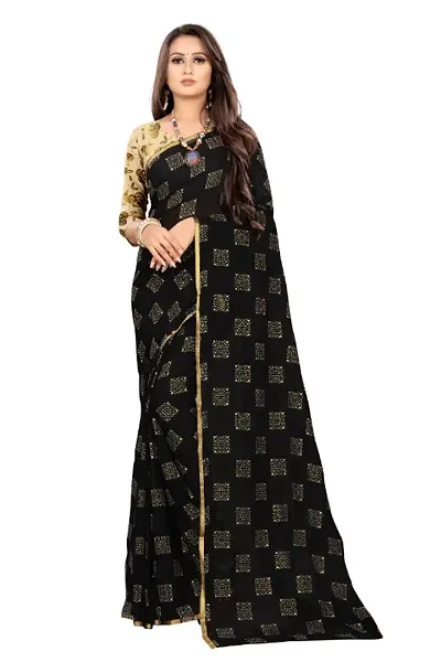 Chiffon Foil Print Zari Border Sarees With Blouse Piece