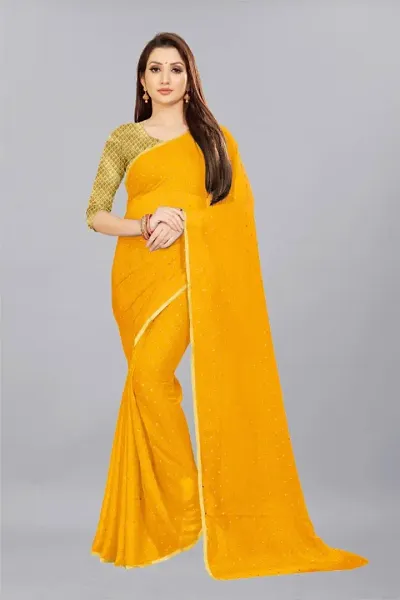 Biznes Enterprise Present Letest Womens Chiffon Saree with Golden Design Jeqaerd Blouse Piece