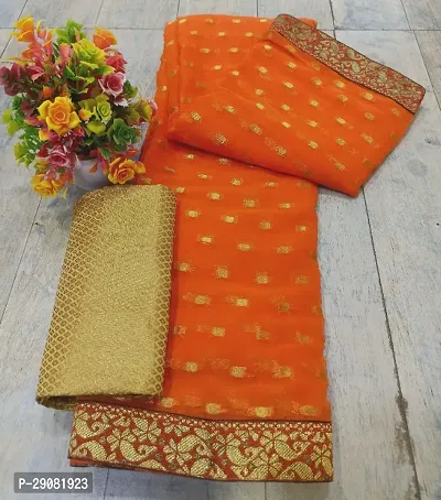 Beautiful Chiffon Zari Woven Saree with unstitched Blouse piece-thumb0