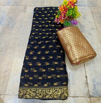 Beautiful Chiffon Zari Woven Saree with unstitched Blouse piece