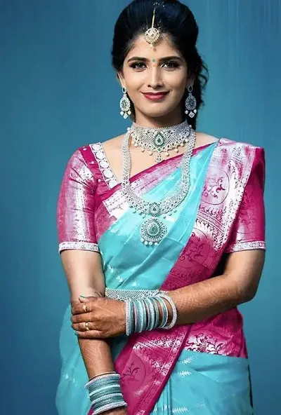 INFINITY CREATION Women's Designer Aqua Blue Jacquard Soft Silk Saree for Party-wear, wedding, casual Banarasi Saree for Women.