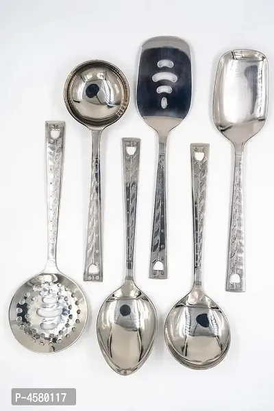 Steel Silver Serving Spoons Set Of 6 Pieces-thumb0