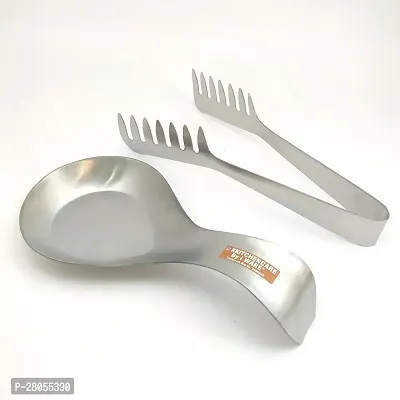 i WARE KkitchenCare Elite Spoon Rest Holder and Spaghetti Tong Set. (Stainless Steel) (Silver)