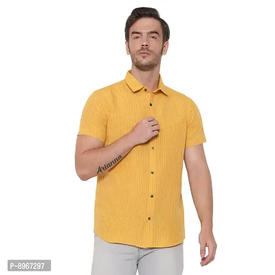 Latest Chikan Men's Cotton Striped Half Sleeves Shirt (Medium, Yellow)-thumb0