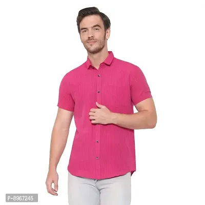 Latest Chikan Men's Cotton Striped Half Sleeves Shirt (Medium, Pink)-thumb0