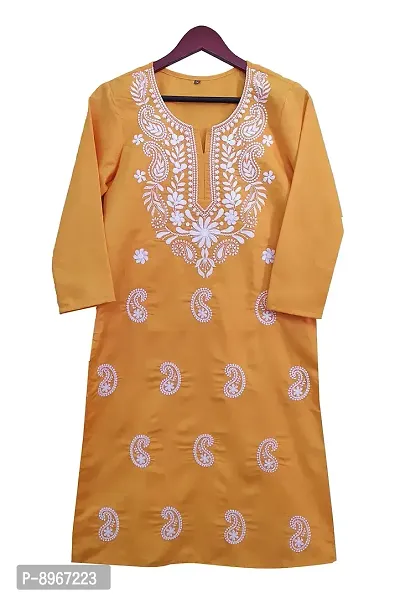 Latest Chikan Women's Lucknowi Chikan Embroidered Regular Fit Cotton Kurti Kurta-thumb0