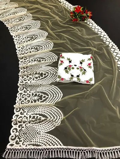 Embroidery Net Sarees With Blouse Piece
